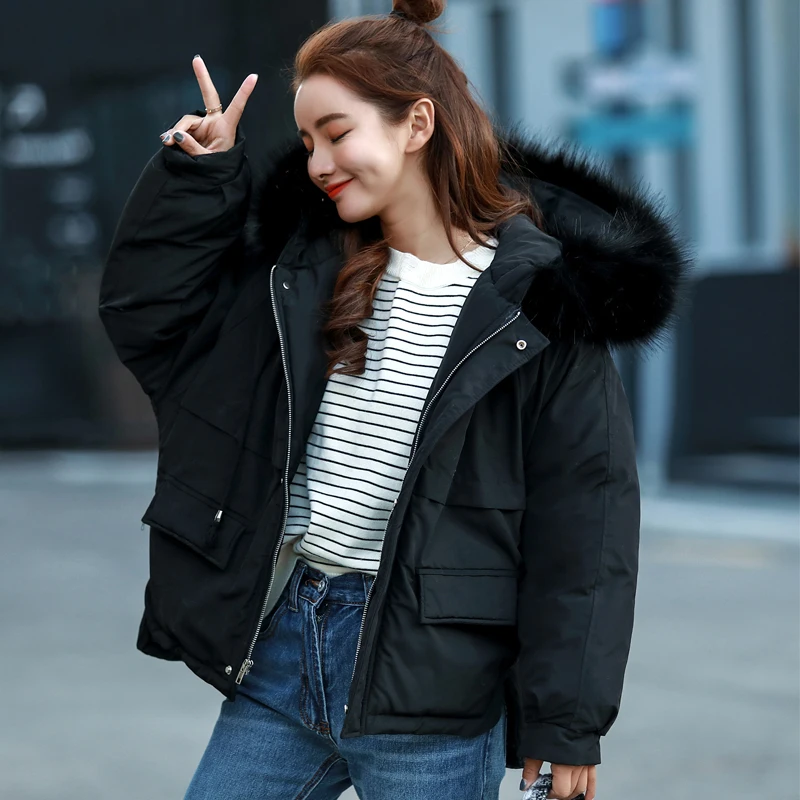 

New Winter Jacket Women Faux Fur Collar Hooded Coat Down Parka Outerwear Warm Jacket Coat Loose Plus Size Ladies Short Coat Q429