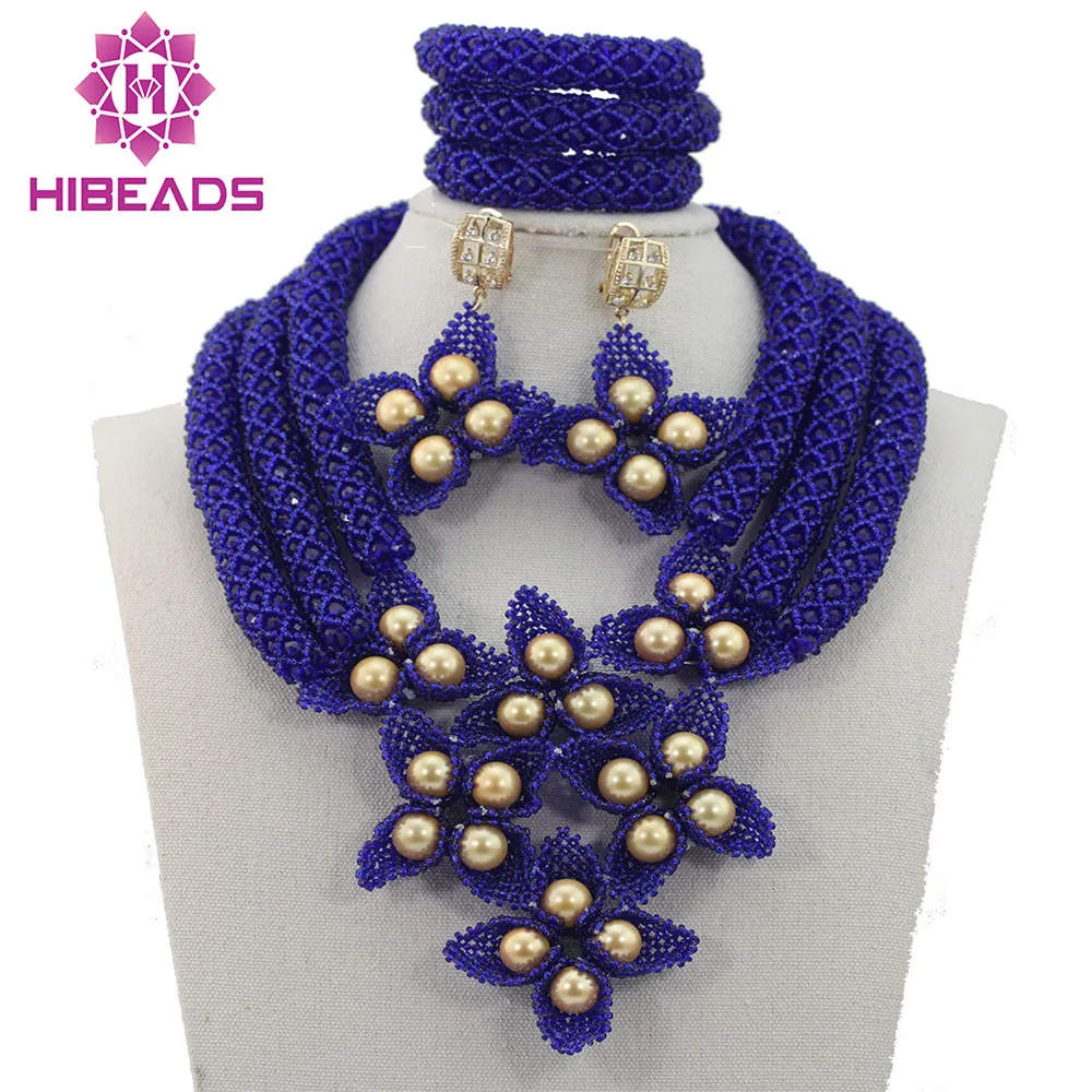 2017 Fabulous Royal Blue Wedding African Beads Jewelry Set Gold Pearls Beaded Anniversary Party Jewelry Set Free ShippingABL733