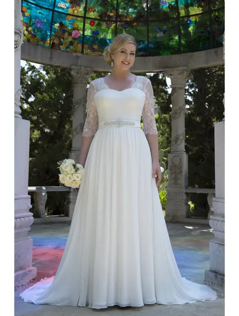 informal de encaje de gasa modest plus size vestidos de novia con