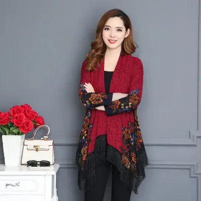 Длинные женские кардиганы размера плюс 5XL, весна-осень, элегантная верхняя одежда с длинным рукавом и кисточками, новое повседневное свободное винтажное пальто с принтом - Цвет: Red wine