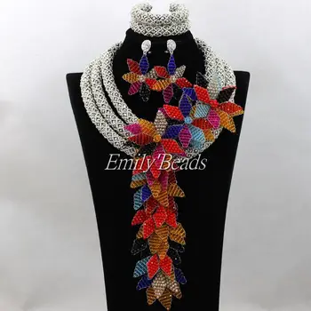 

Beautiful Silver Nigerian Wedding Statement Necklace Jewelry Set Handmade Flowers African Beads Jewelry Set Free Shipping AIJ761
