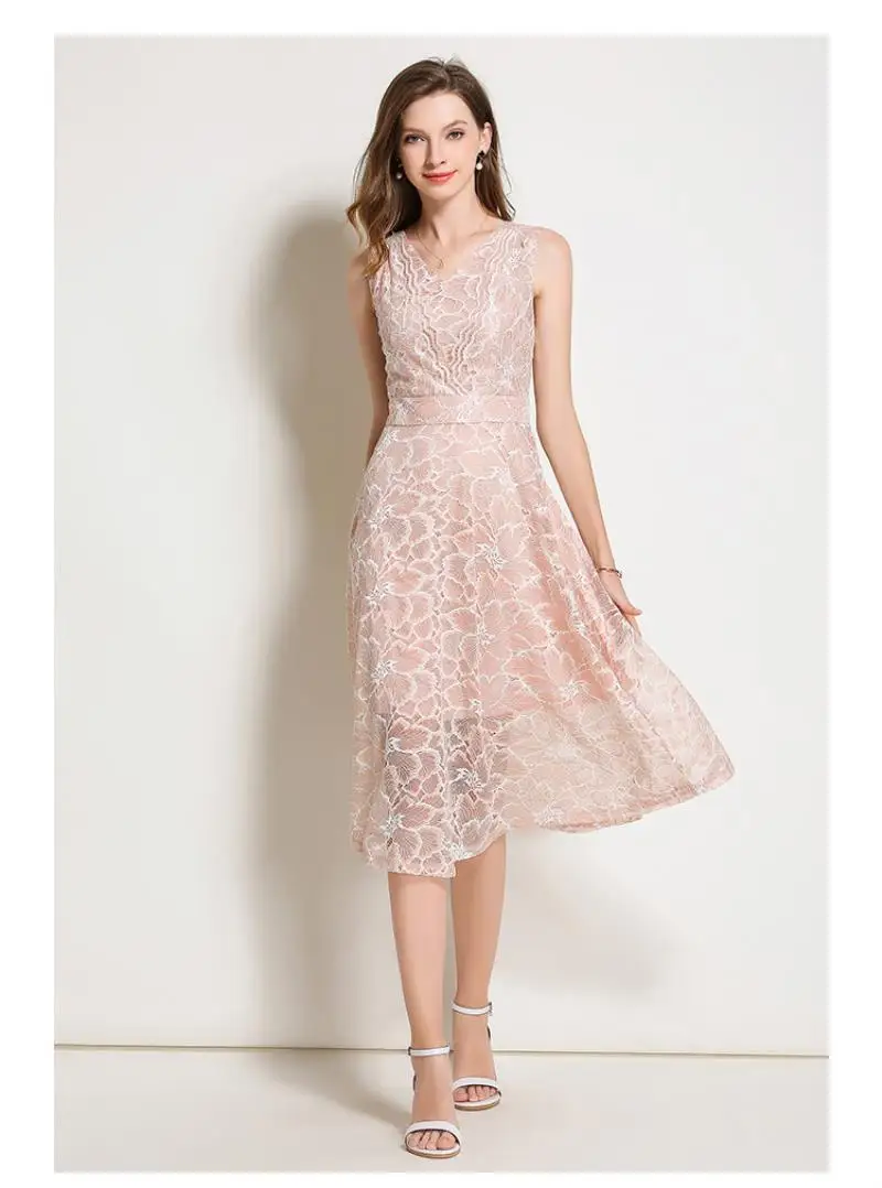 2018 Summer Lace Dress Work Casual Slim Work Women Party Dresses V-neck Sexy Hollow Out A-line Vintage Vestidos