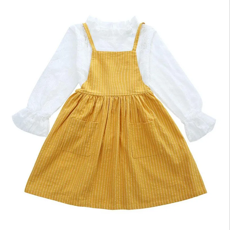 

DFXD Korean Children Girls Outfits 2018 Spring Autumn White Long Sleeve Lace Top+Yellow Striped Strap Dress Girls Clothing Set