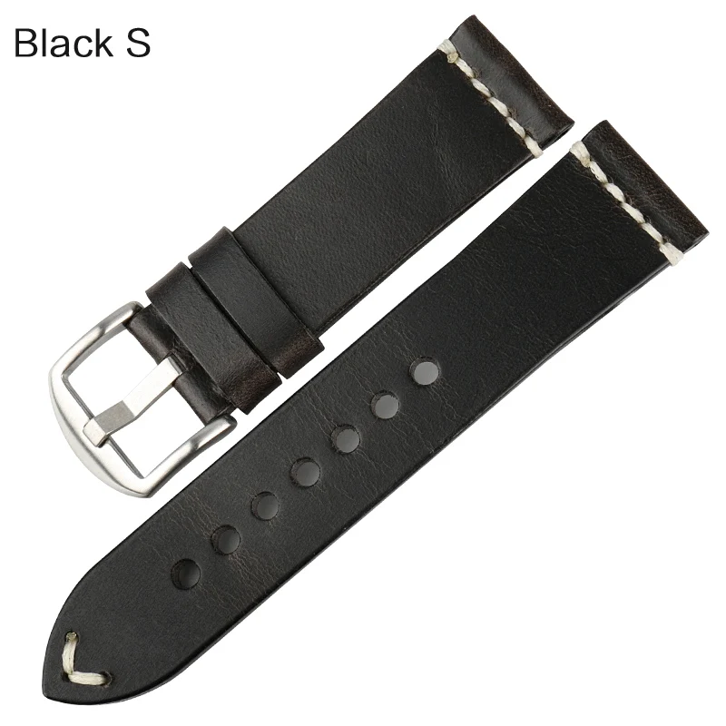 MAIKES винтажные простые часы из натуральной кожи, аксессуары для часов 20 мм, 22 мм, 24 мм, ремешок для часов, серебристый и черный стальной ремешок с пряжкой, браслеты - Цвет ремешка: Black S