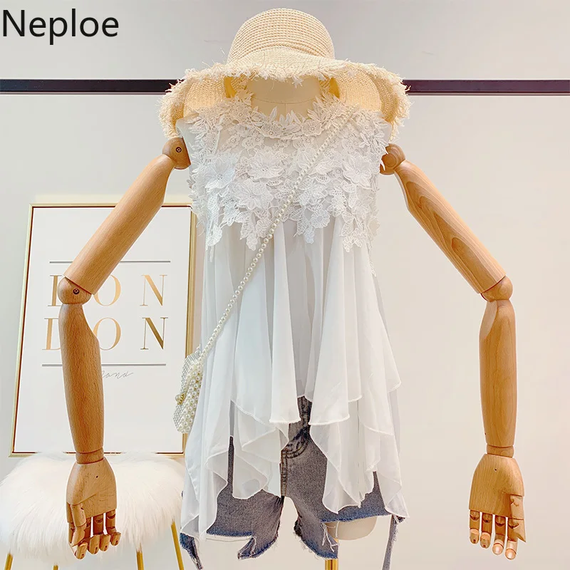 

Neploe Chiffon Blouse Tops Female Patchwork Lace Pleated Blusas Bandage Women's Blouses Back See Throught Sleeveless Shirt 39785
