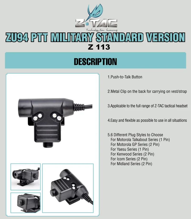 Midland PTT, Walkie-talkie militar, Acessórios para auscultadores, Z113