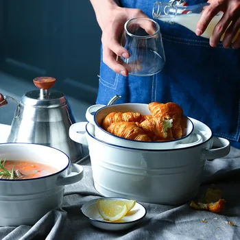 

Nordic Ceramic Double Ear Bowl Simple Solid Noodles Soup Cup Fashion Western Restaurant Tuba Soup Bowl Kitchenware Tableware Set