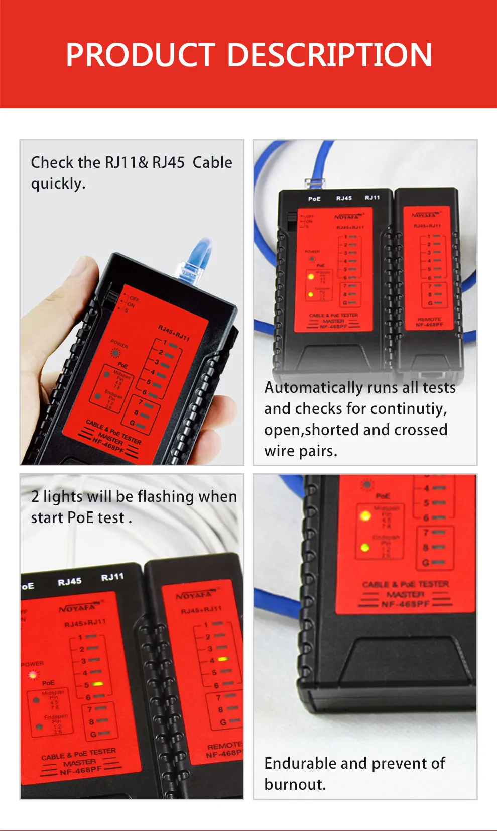 Кабельный тестер непрерывности тестеров POE проверка тестером на RJ11& RJ45 кабель быстрого обнаружения автоматически тесты для непрерывности NF-468PF