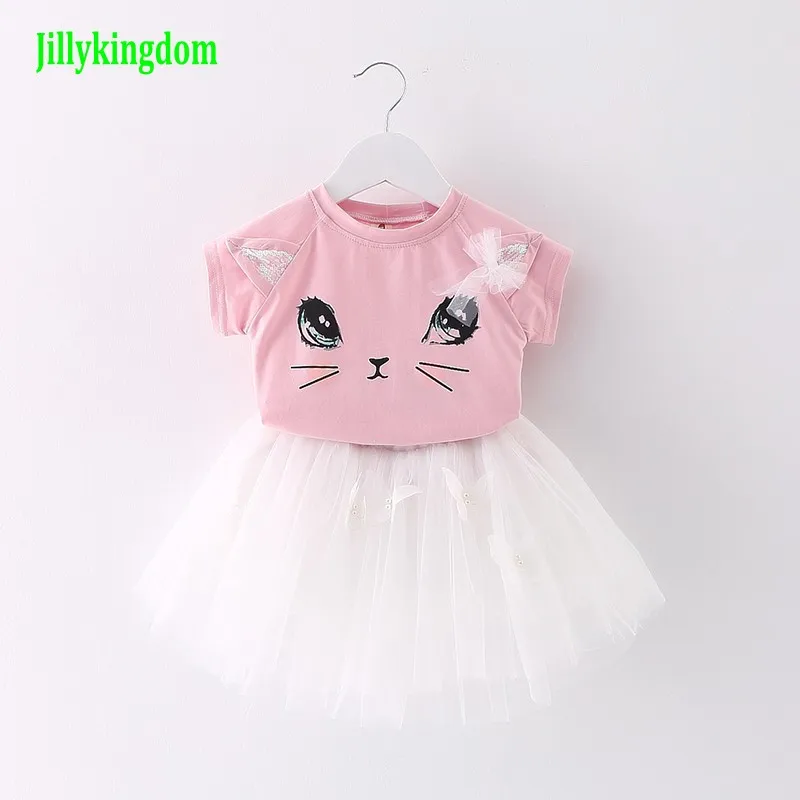 

Jillykingdom Girls Dress New 2019 Clothes 100% Summer Fashion Style Cartoon Cute Little White Cartoon Dress Kitten Printed Dress