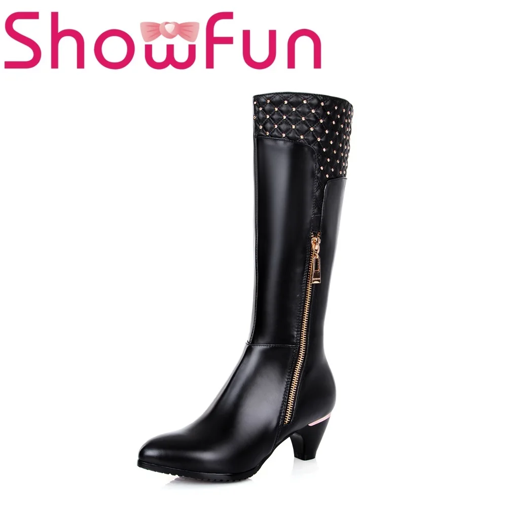 

Showfun genuine leather shoes woman winter solid knee-high pointed toe zipper short plush spike heel boots