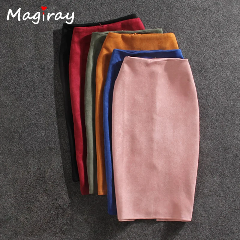 

Magiray Harajuku High Waist Pencil Skirt Women Split Suede Knee Length Autumn Winter Skirt Vintage Sexy Black Pink Skirt C465