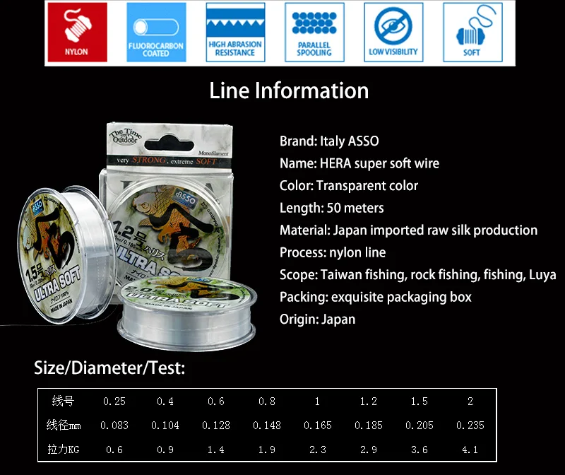 ASSO HERA 50 м нейлоновая рыболовная леска супер Мягкая прочная леска из мононити 1,3-9lb пресноводная леска для ловли карпа японский материал окунь