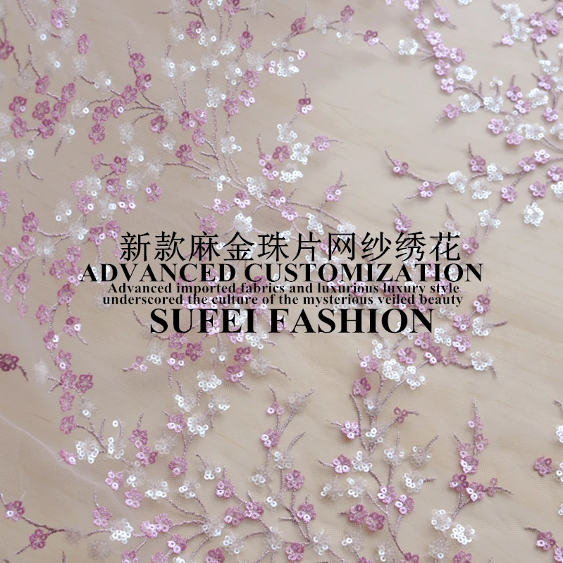 

130cm wide peachblow sequins embroideried white net lace dress cheongsam fabric S059