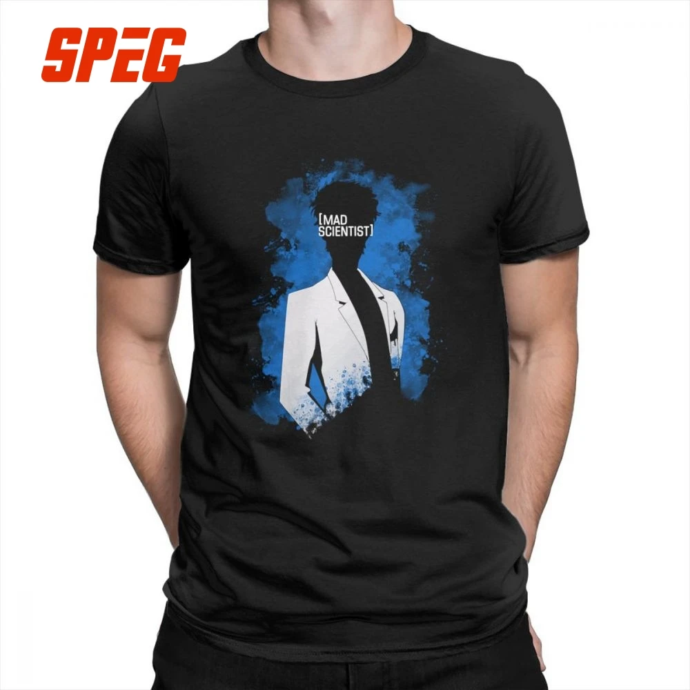 

Steins Gate Anime T Shirts Mad Scientist T-Shirts Unique Men's Tee Shirts Short-Sleeved Funny Round Neck Pure Cotton
