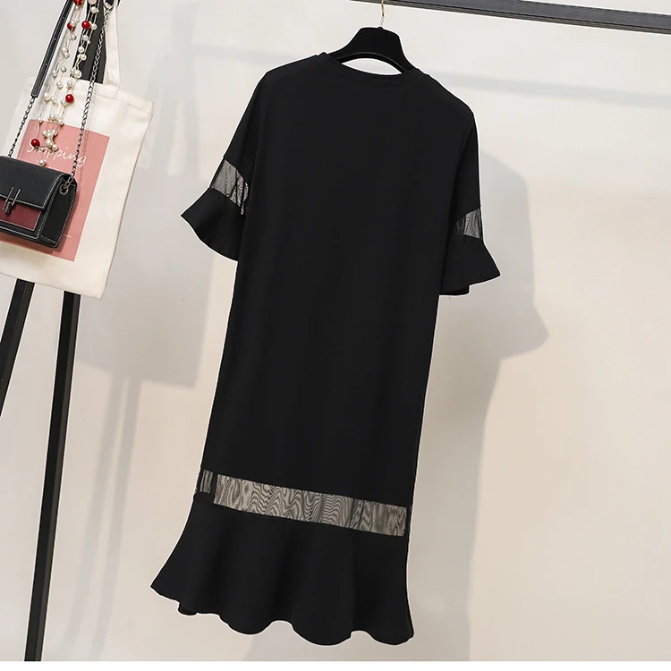 XL-5XL размера плюс плиссированное платье Женская одежда лето прозрачное Сетчатое лоскутное свободное Повседневное платье с пайетками и вышивкой