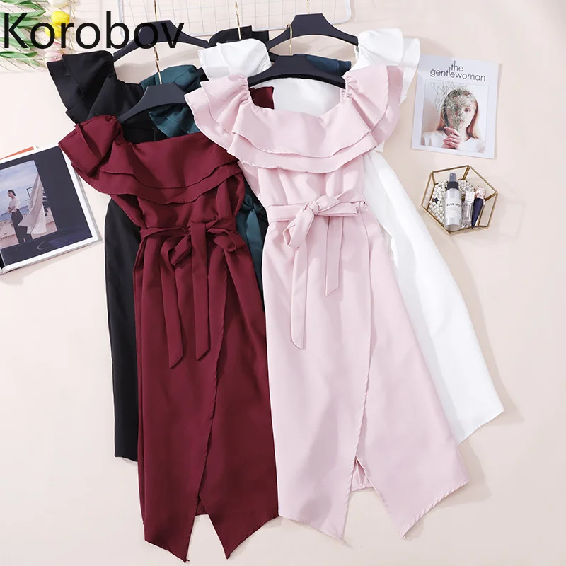 Korobov Korean Double Ruffles Slash Neck Dress Women High Waist Lacing Bow Elegant Dresses Slim Irregular Split Vestidos 77543 | Женская