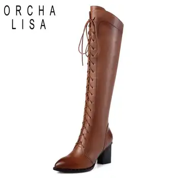 

ORCHA LISA Women Genuine Leather Cross-tied High heel Over the knee boots Ladies botas Long boots Warm Winter Zipper Black A779