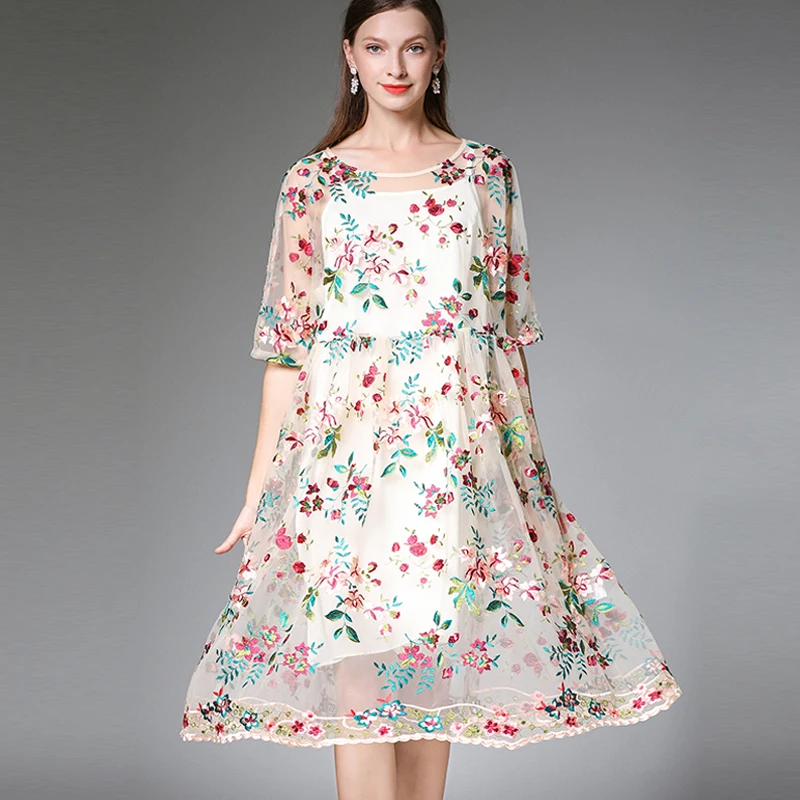 Кружевное летнее платье с вышивкой для женщин, большие размеры, женский цветочный узор, вышивка, элегантные вечерние свободные модные платья оверсайз