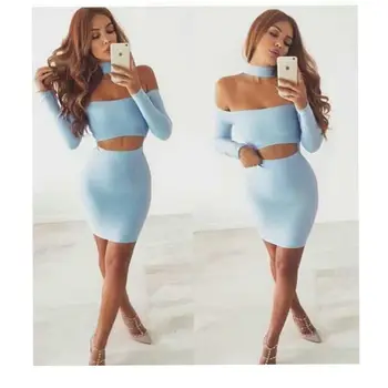 

2018 Women Summer Bodycon Choker Off Shoulder Party Dress Black Blue Pink Long Sleeve Hollow out Bandage Dresses Wholesale
