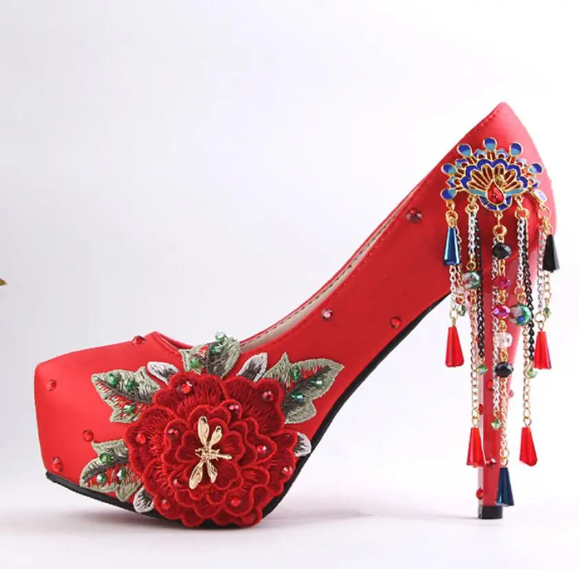 

Super high heels red pumps shoes woman sweet embroidery chinese flower decoration bridal red wedding shoes lady party pump HS264