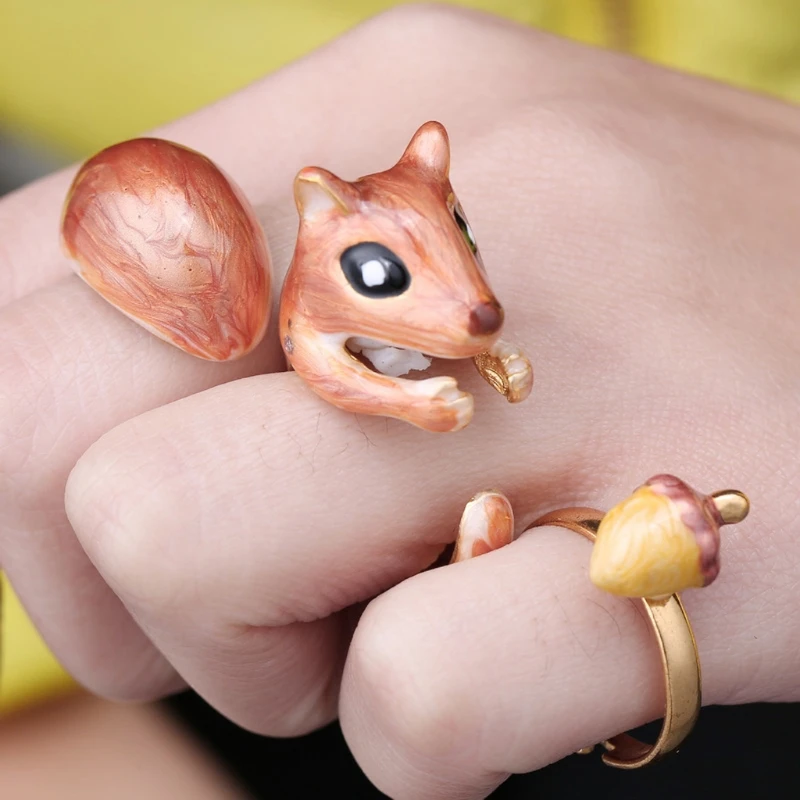 

3PCS Stack Enamel Squirrel Elk Swan Animal Ring For Women Open Cuff Rings Set