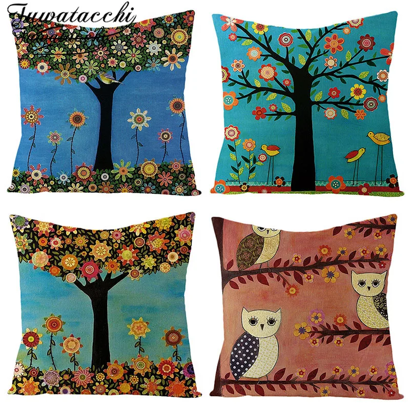 Fuwatacchi Linen Floral Plant Cushion Cover Colorful Flowers and Tall Trees Throw Pillow Square 45X45 Pillowcase | Дом и сад