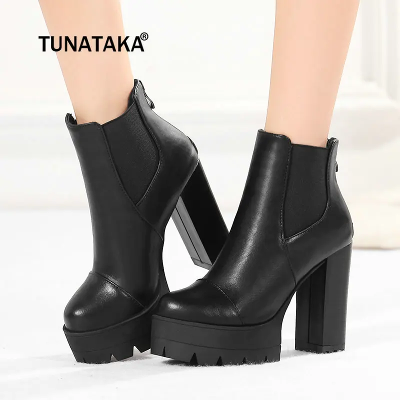 

Women Martin Boots Platform Fashion Thick High Heel Ankle Boots Side Zipper Winter Woman Shoes Black Gray Apricot