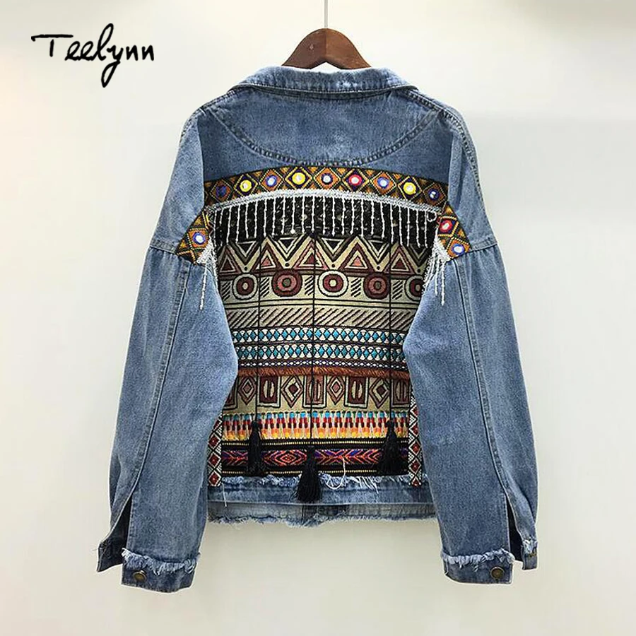 Женская джинсовая куртка TEELYNN Осеннее винтажное Свободное пальто с вышивкой и