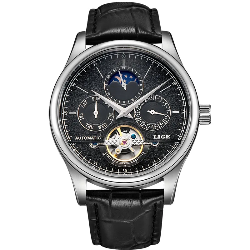 Relojes Hombre LIGE, Брендовые мужские часы, автоматические механические часы, Tourbillon, спортивные часы, кожаные, повседневные, деловые часы в ретро-стиле - Цвет: silver black