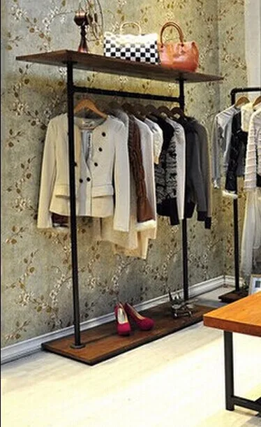 American retro iron pipe hangers island shelf wood wardrobe floor coat