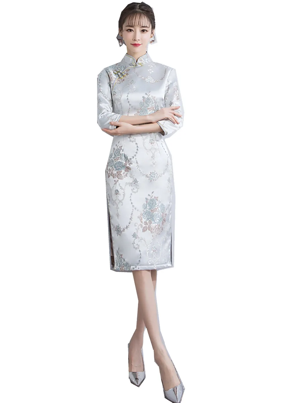 

Shanghai Story chinese dresses Chinese Traditional Dress Brocade Qipao Cheongsam dress Knee Length Floral Vintage Dress
