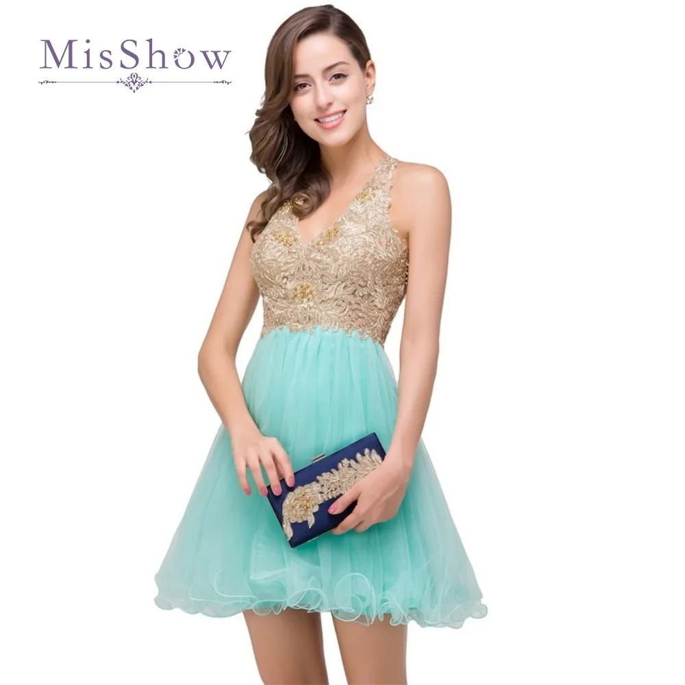 Gold Appliques Tulle Mint Green Cocktail Dresses 2017 Short Halter