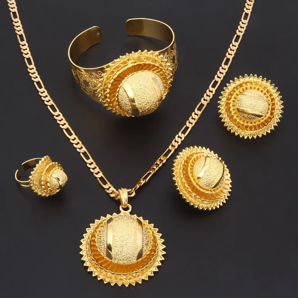 

Bangrui New Ethiopian 24K Gold Set Jewelry Pendant Chain Clip Earring Ring Bangle Set