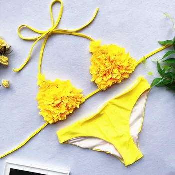 

Push Up Swimwear Swimsuit Bikini Set Maillot Yellow Red Flower Women Swimming Suit for Bandage 1 + Gift Pleated Swim Low Waist