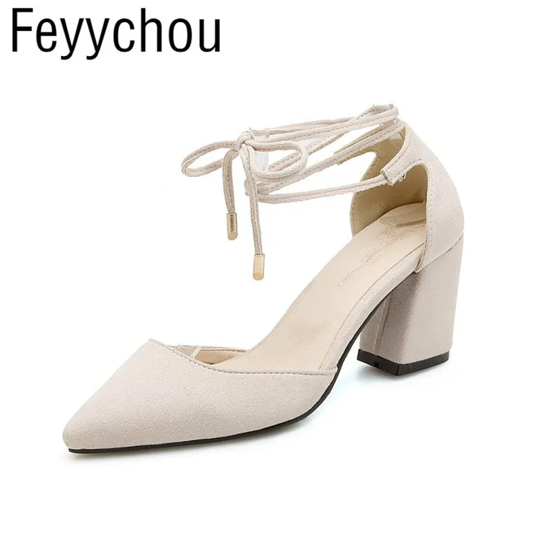 

Women Pumps High Heel Shoes Flock Pointed Toe Lace Up 2018 Spring Autumn Sexy Fashion Casual Dress Office Party Black Pink Beige