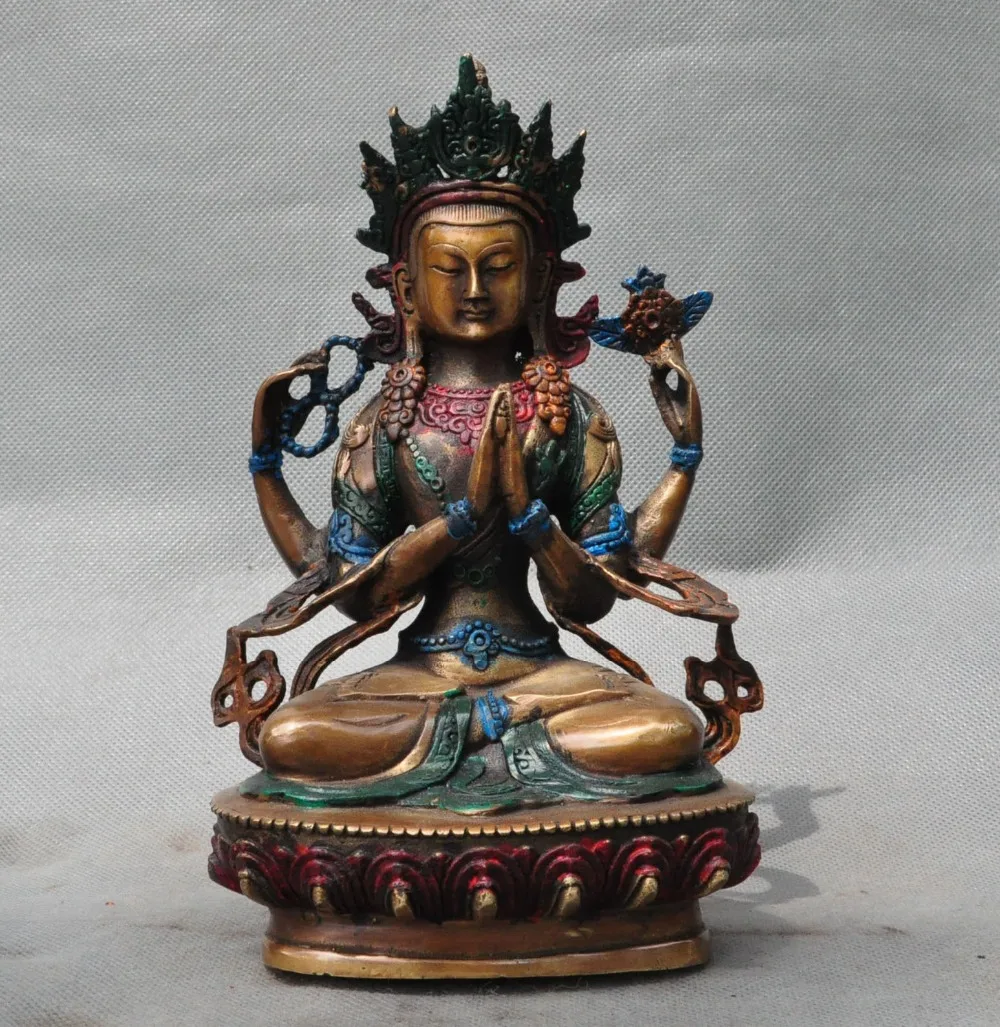 

Crafts statue Tibet Buddhism Bronze 4 Arms Chenrezig Tara Goddess Kwan-Yin Buddha Statue halloween