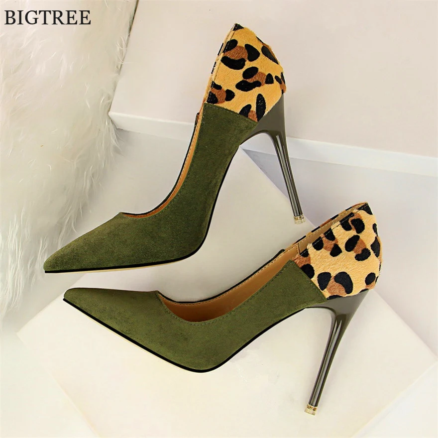 

Sexy Leopard Spliced Flock Women Pumps New Show Thin Fashion Party Shoes Pointed Toe Shallow Women's High Heels Shoes Size 34-40