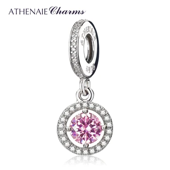 

ATHENAIE 925 Sterling Silver with Pave Clear CZ Hope Circle Pink CZ Charms Bead Pendant Fit European Bracelets