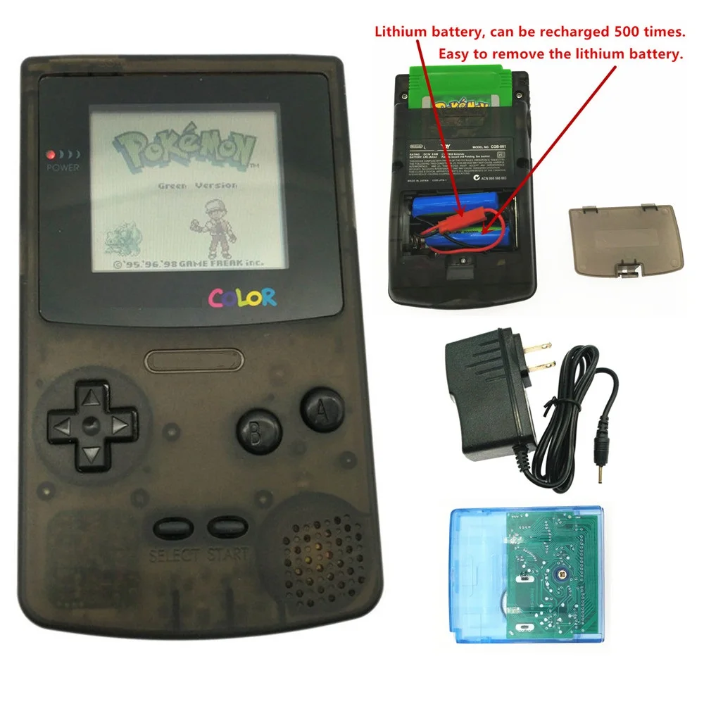 

Refurbished Rechargeable For GameBoy Color GBC Console + Game Card+ Charger - Clear Black GBC