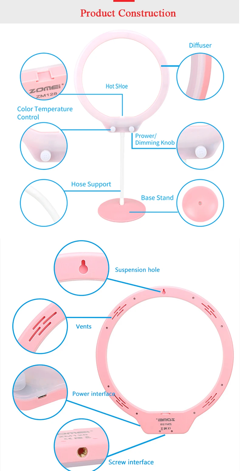 ZOMEI ZM128 128 шт селфи кольцо свет видео студия светодиодный свет 7,6 Вт затемнения 3200-5500 K двухцветные для DSLR для iPhone X 8 7 s plus