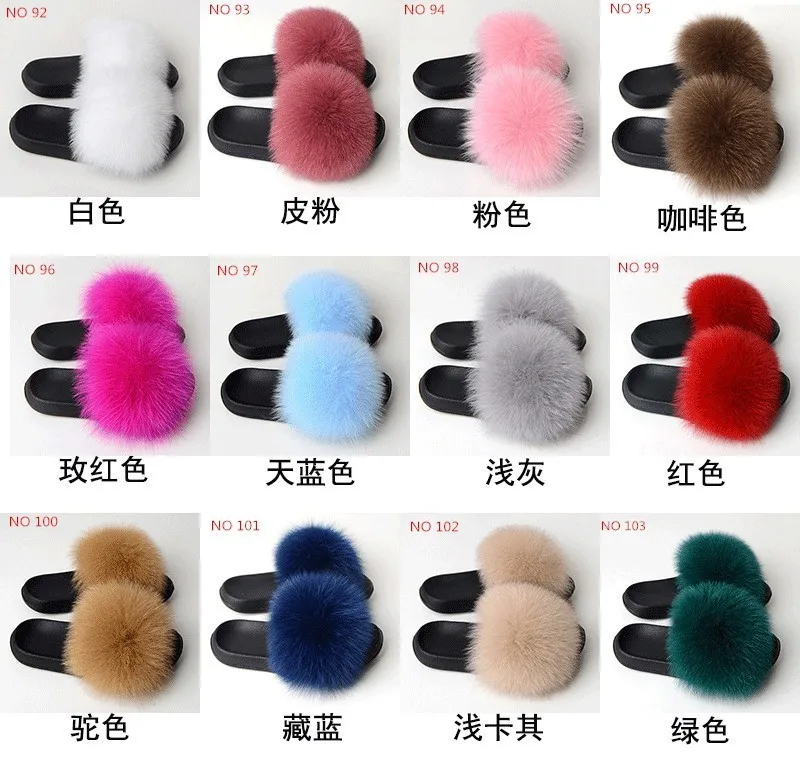 Fluffy Slippers Real Fox Fur Slides Indoor Flip Flops Casual High Recommend Raccoon Fur Sandals Vogue Plush Shoes