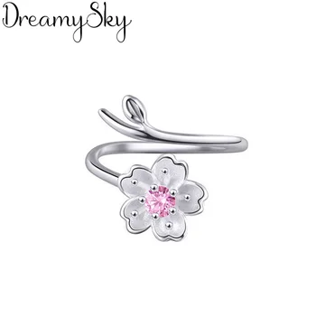 

Romantic Style New Luxury 925 Sterling Silver Pink CZ Flower Rings For Women Wedding Retro Adjustable Size Ring Party Gifts
