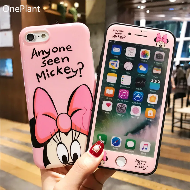 

OnePlant 360 Full Cover Mickey Minnie Phone Case +Screen Protector For iPhone 7 XS MAX XR 10 8 6 6s Plus Girl Cartoon TPU Coque