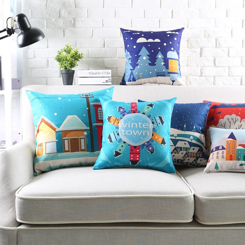 Winter Town Cushion Cover Snow Pillow Case Christmas stockings Pillow Covers Bedroom Sofa