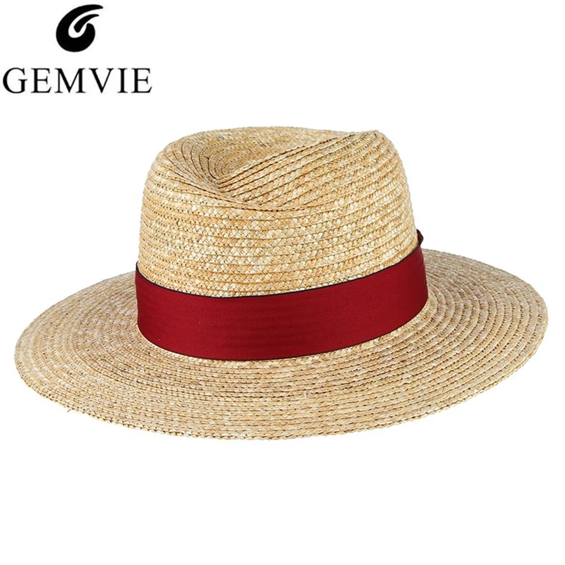 

GEMVIE Unisex Straw Hat Boater Summer Hats For Women Men Panama Hat Jazz Cap Red Band Wide Brim Woven Sun Beach Cap Fedoras