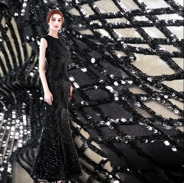 

90*130cm Black stretch embroidered mesh sequined dress fabric diy textiles wedding cloth embroidered laser sexy fabric C586