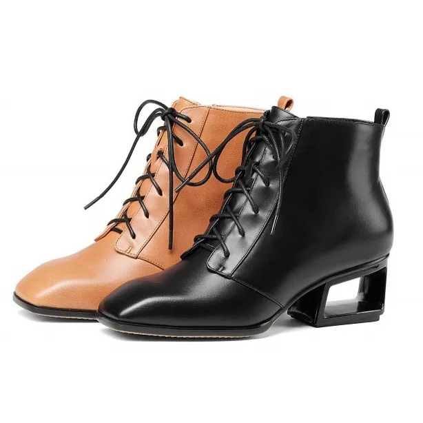 

Casual Med High Heel Women Ankle Boots Lace Up Footwear Cow Leather Female Boot Fashion Shoes Woman 2018 New Black DR-A0049