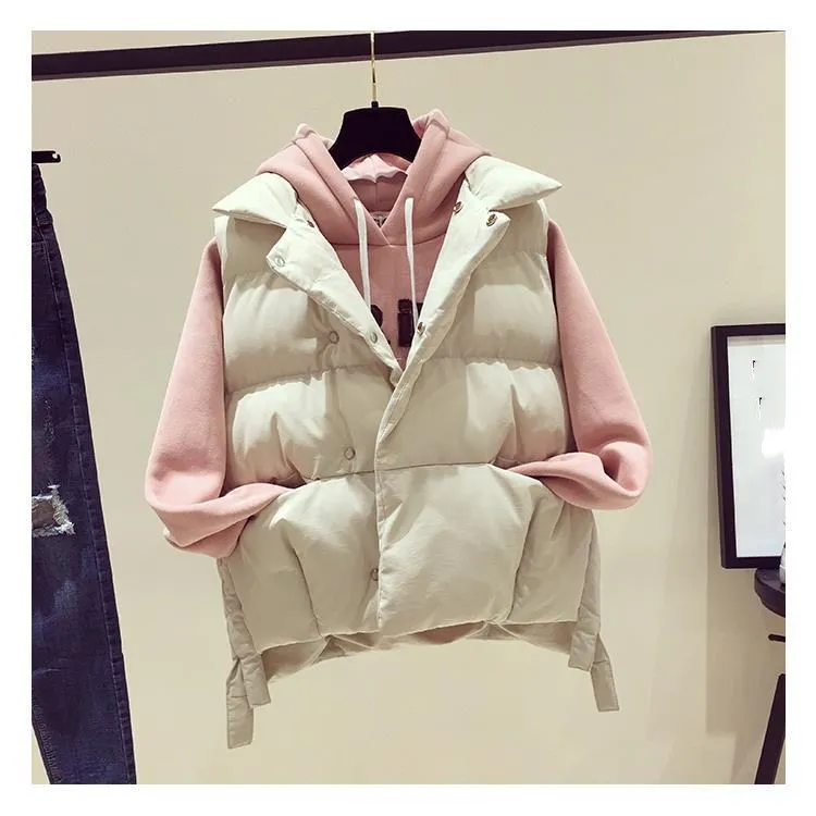 New Arrival Women Mandarin Collar Down Vests Solid Autumn Winter Sleeveless Cotton Parkas Casual Apricot Short Waistcoat