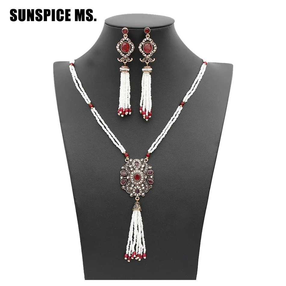 

Elegant Turkish Women Bead Jewelry Sets Long Bead Tassels Earrings Resin Sweater Chain Antique Gold Color Ethnic Bridal Bijoux