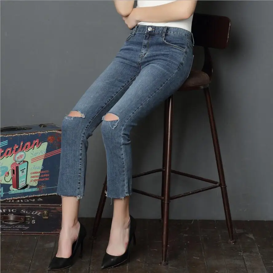 Buy Women's Mid Calf Ripped Hole Stretchy Denim Jeans